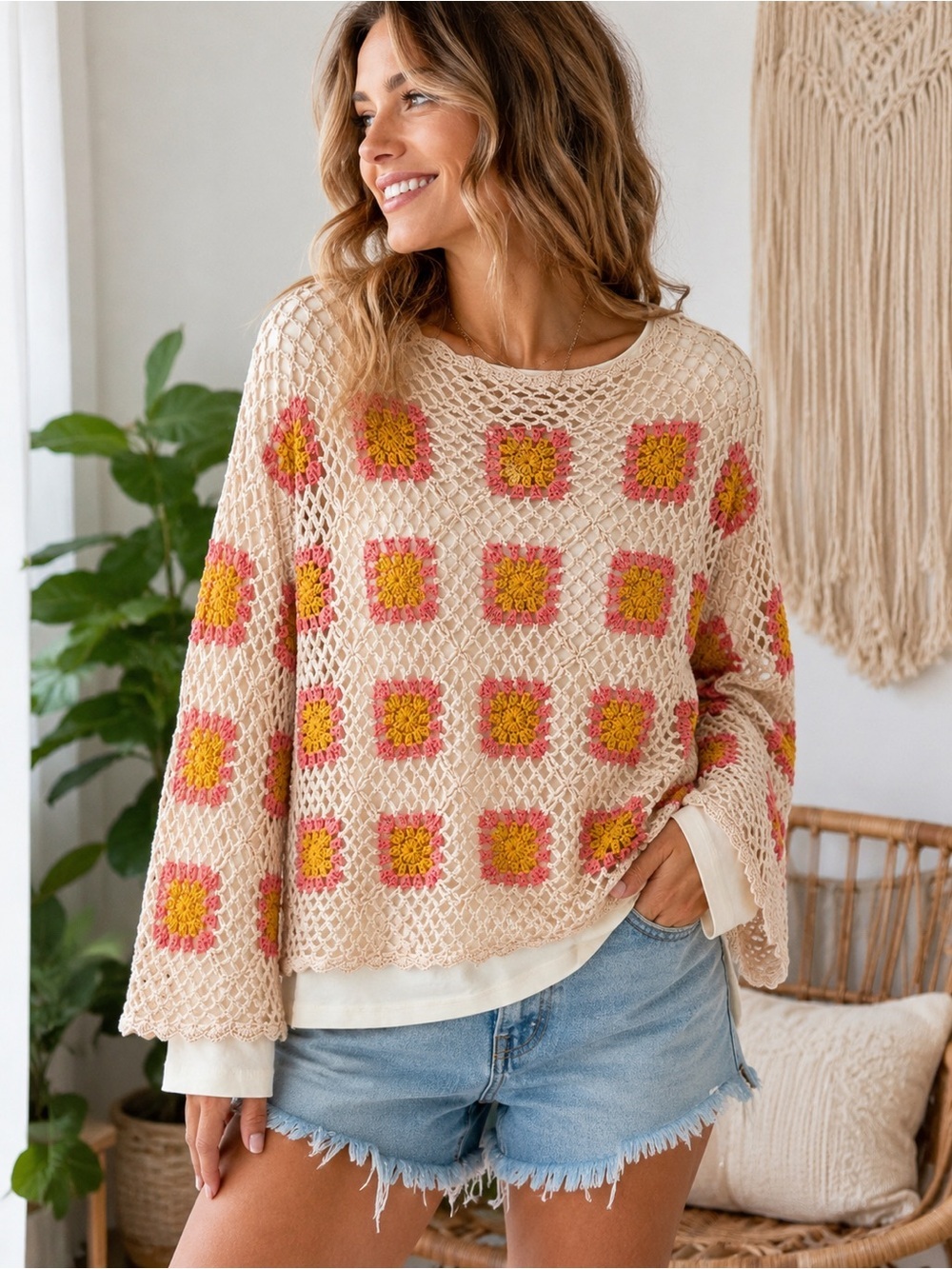 Michael Stars Charlie B Crochet Granny Square Layered Sweater Set